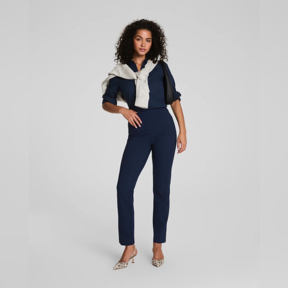 Spanx Navy Blue Ponte Smoothing Slim Straight Leg Ankle Pants High Rise sz SP